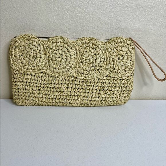 Talbots Paper Straw Gold Metallic Tan Leather Trim Top Zip Clutch Bag Strap - Picture 2 of 11